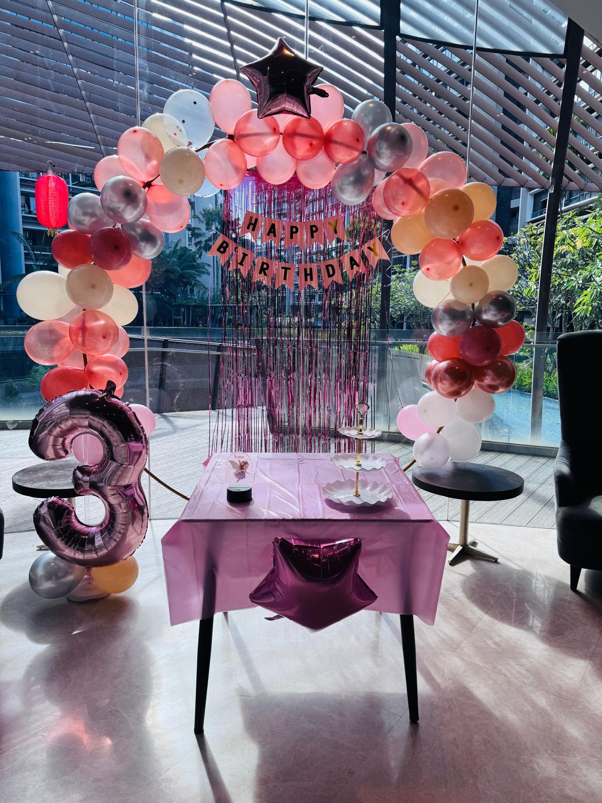 Happy Birthday Pink Balloon Arch with Fringe Backdrop
